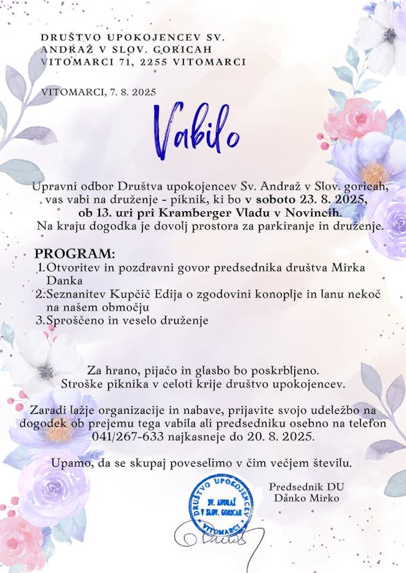 Druženje-piknik; nedelja, 23. avgusta 2025, ob 13. uri, Novinci - pri Kramberger Vladu